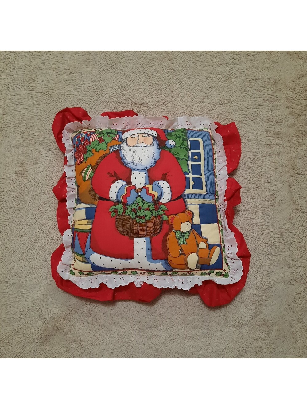 VTG Susan Winget Santa Blocks Christmas Panel Fabric Pillow Ruffle 17x17"